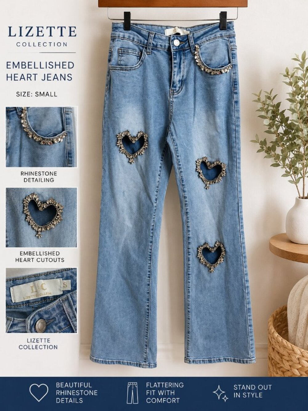 Lizette Collection Embellished Heart Cutout Rhinestone Jeans Women's Small Y2K